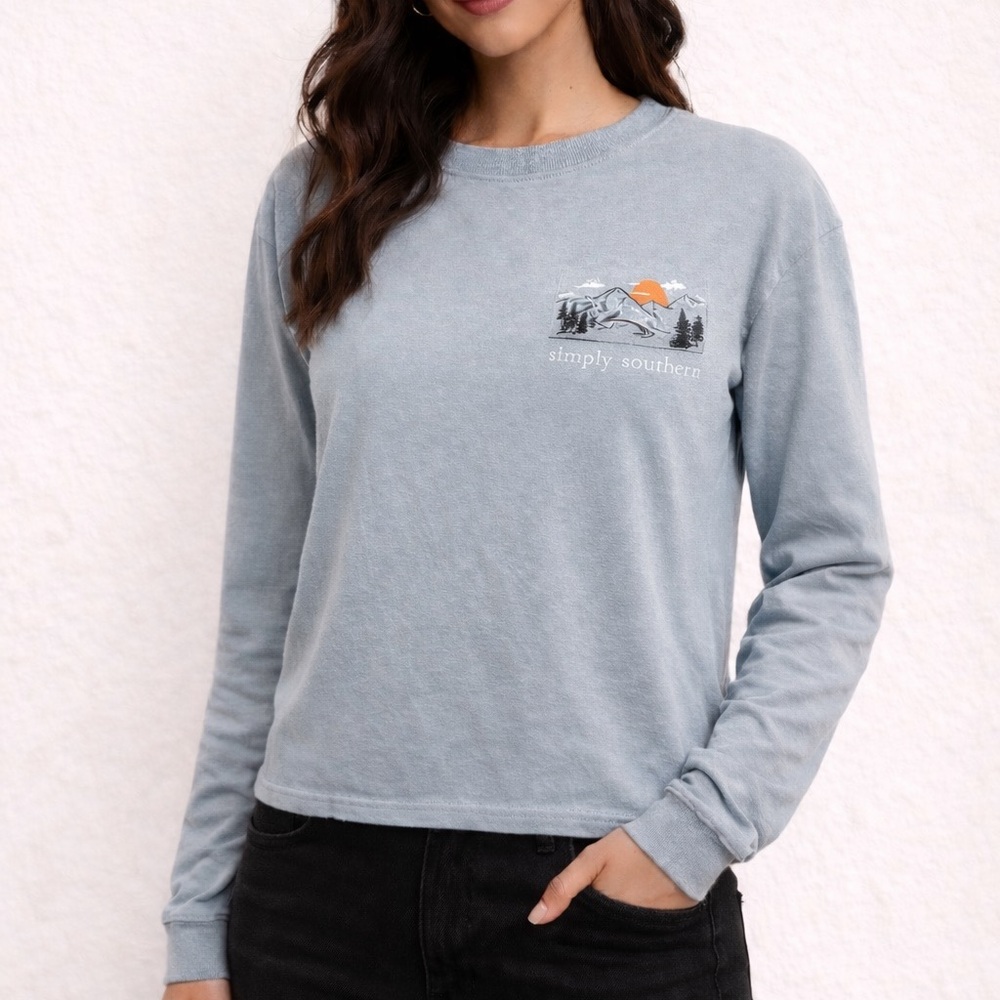Simply Southern Dusty Blue Long Sleeve Pocket Tee with Mountain Graphic